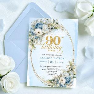 Elegant Boho Dusty Blue Floral Gold 90th Birthday Invitation