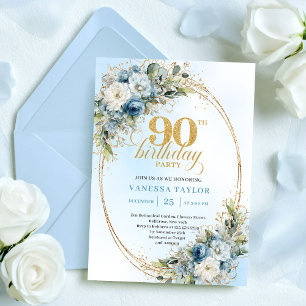 Elegant Boho Dusty Blue Floral Gold 90th Birthday Invitation