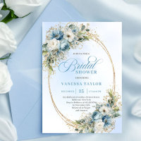 Elegant Boho Dusty Blue Floral Gold Bridal Shower