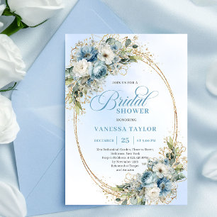 Elegant Boho Dusty Blue Floral Gold Bridal Shower Invitation