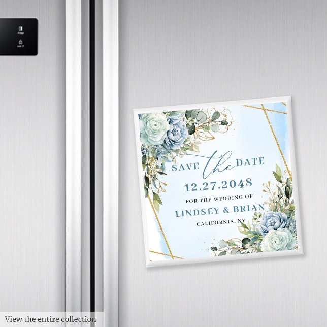 Elegant Boho Dusty Blue Floral Gold Save The Date Magnet (Elegant Dusty Blue Floral Gold Save The Date Magnet

)