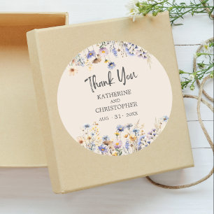 Elegant BOHO Dusty Blue Floral Wedding Thank You Classic Round Sticker