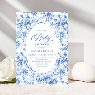 Elegant Boho Dusty Blue Toile de Jouy Baby Shower Invitation