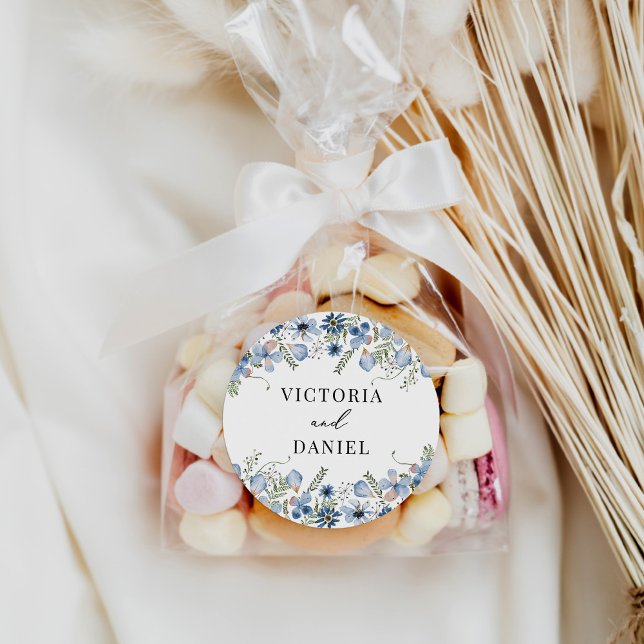 Elegant Boho Dusty Blue Wedding Favours  Classic Round Sticker (Creator Uploaded)