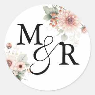 Elegant Boho dusty pink wedding monogram Classic Round Sticker