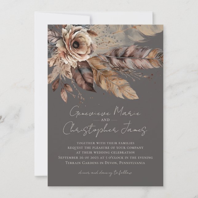 Elegant Boho Earthy Floral Watercolor Wedding Invitation (Front)
