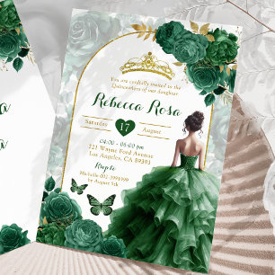 Elegant Boho Emerald Green Floral Quinceañera Invitation