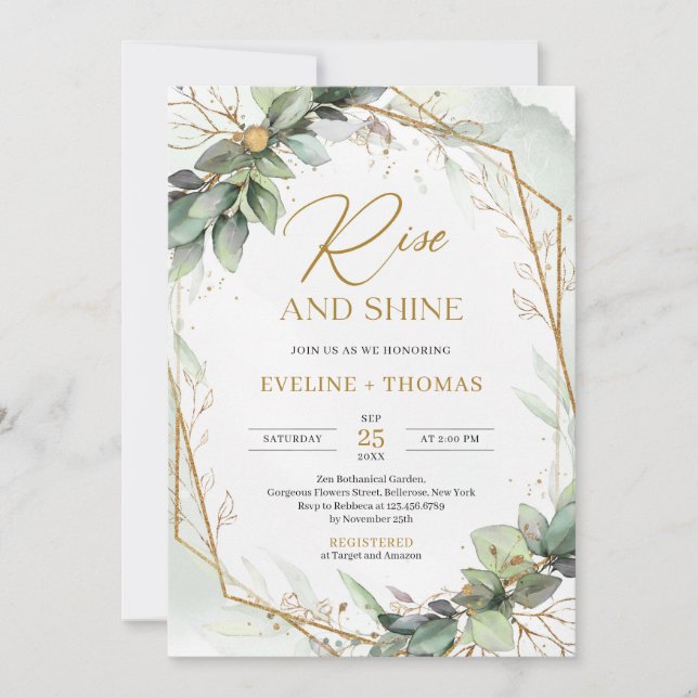 Elegant boho eucalyptus green gold rise and shine invitation (Front)