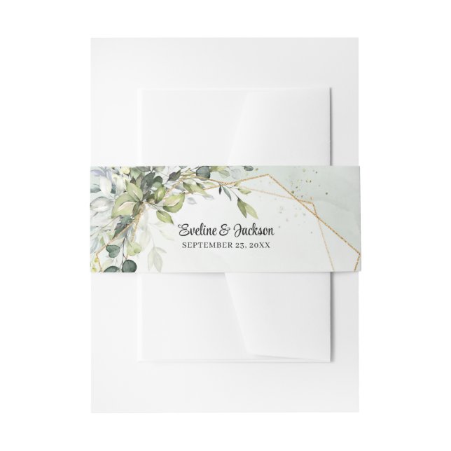 Elegant Boho Eucalyptus greenery faux gold frame Invitation Belly Band (Front Example)