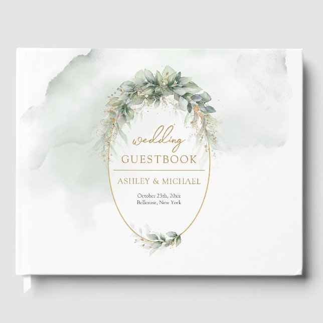 Elegant boho eucalyptus greenery gold frame guest book (Front)