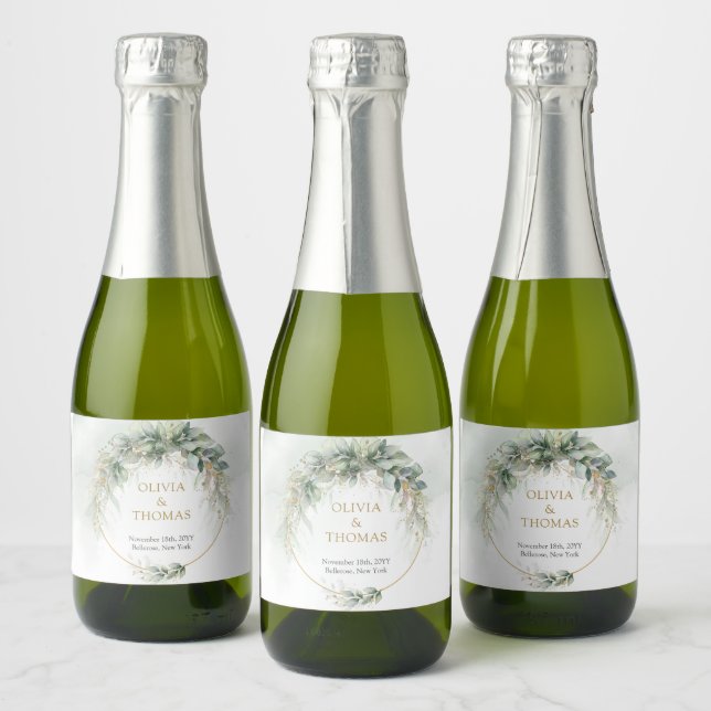 Elegant boho eucalyptus greenery gold frame sparkling wine label (Bottles)