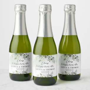 Elegant boho eucalyptus greenery gold frame sparkling wine label