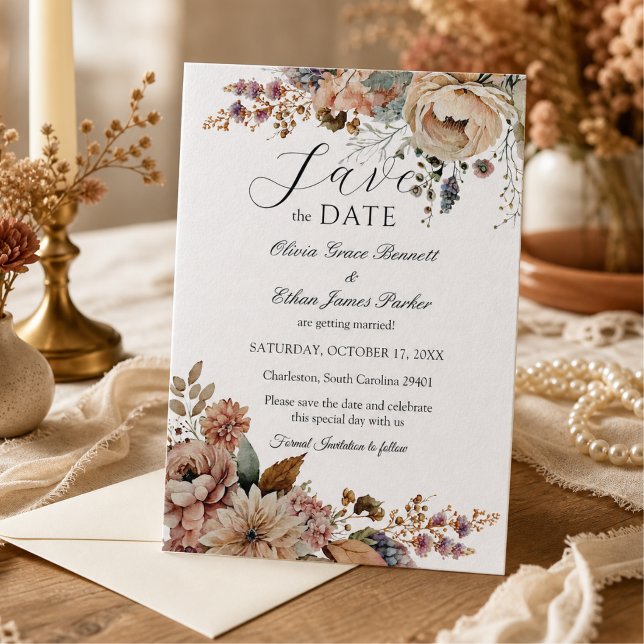 Elegant Boho Fall Floral Wedding Save The Date (Watercolor Boho Fall floral wedding save the date invitation)