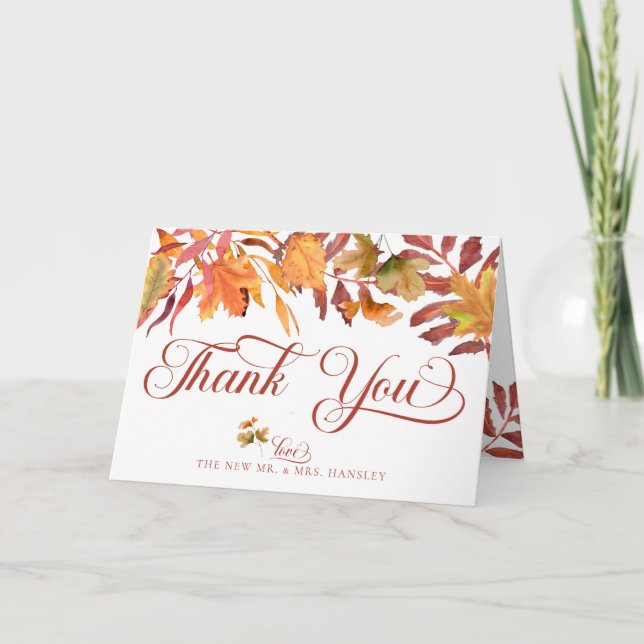 Elegant Boho Fall Leaves | Rustic Autumn Wedding Thank You Card (Front)