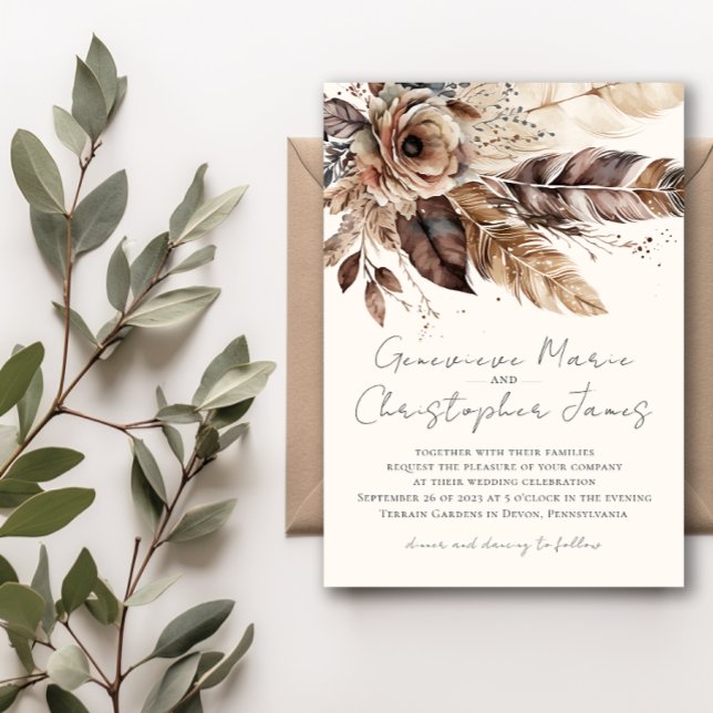 Elegant Boho Feather Floral Watercolor Wedding Invitation (Creator Uploaded)