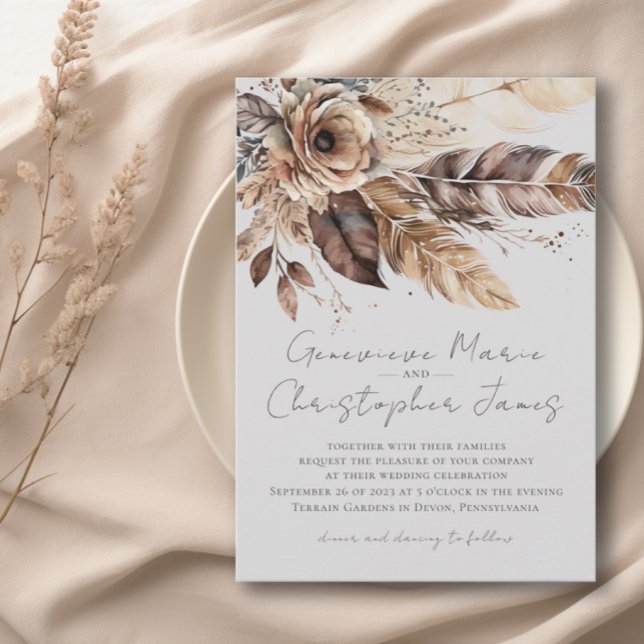 Elegant Boho Feather Floral Watercolor Wedding Invitation (Creator Uploaded)
