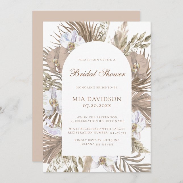 Elegant Boho Floral Arch Pink & Tan Bridal Shower Invitation (Front/Back)
