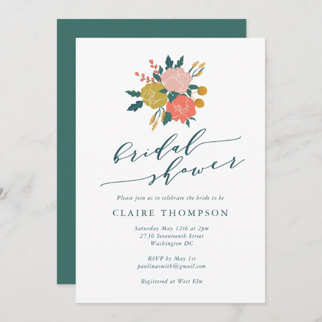 Elegant Boho Floral Art Simple Bridal Shower Invitation (Front/Back)