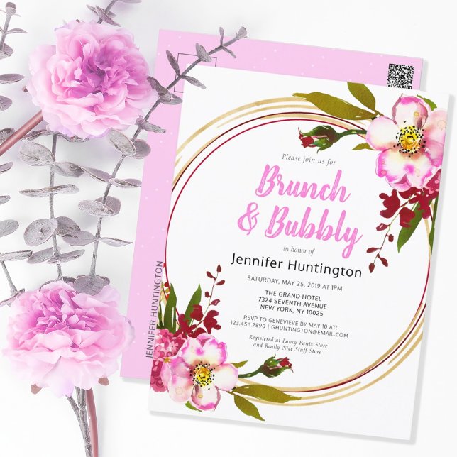 Elegant Boho Floral Berry Pink Gold Bridal Shower Postcard (Creator Uploaded)