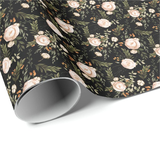 Elegant Boho Floral Black Terracotta  Wrapping Paper (Roll Corner)