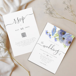 Elegant Boho Floral Blue Wedding QR Code Invitation