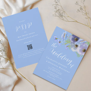 Elegant Boho Floral Bouquet Blue Wedding Qr Code Invitation