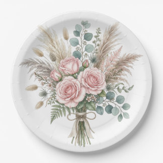 Elegant Boho Floral Bouquet Blush Pink pillow Paper Plate