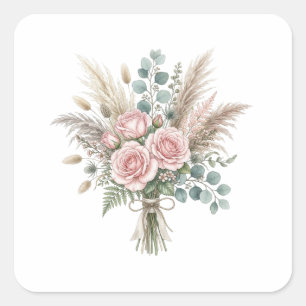 Elegant Boho Floral Bouquet Blush Pink Rose Weddin Square Sticker