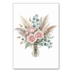 Elegant Boho Floral Bouquet Blush Pink Rose Weding Table Number