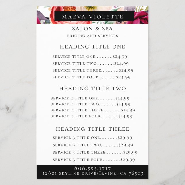 Elegant Boho Floral Business Service/Pricing Flyer (Front)