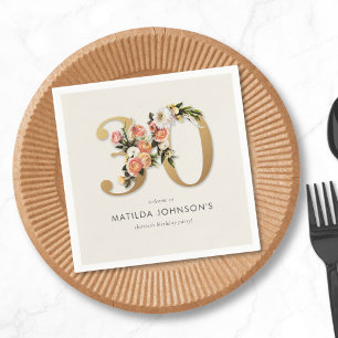 Elegant Boho Floral Gold Foil 30th Birthday Napkin