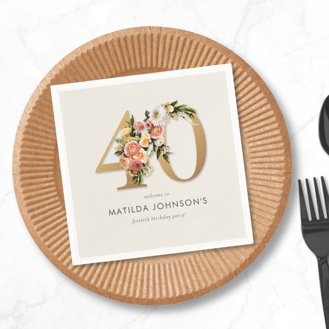 Elegant Boho Floral Gold Foil 40th Birthday Napkin (Creator Uploaded)
