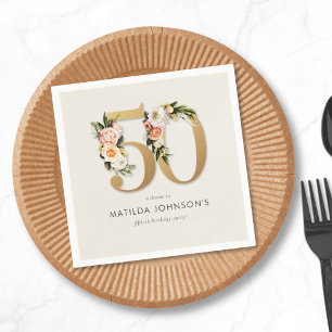 Elegant Boho Floral Gold Foil 50th Birthday Napkin