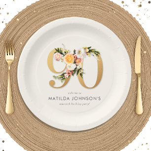 Elegant Boho Floral Gold Foil 90th Birthday Paper Plate