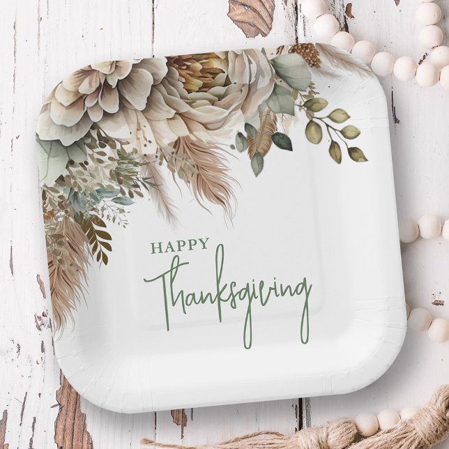  Elegant Boho Floral Happy Thanksgiving Paper Plate (Creator Uploaded)