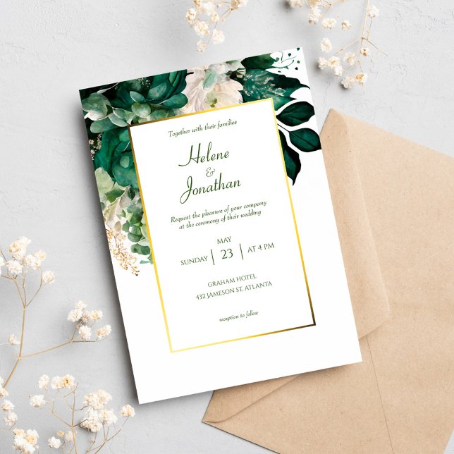 Elegant Boho Floral Modern Emerald Green Wedding Invitation (Creator Uploaded)