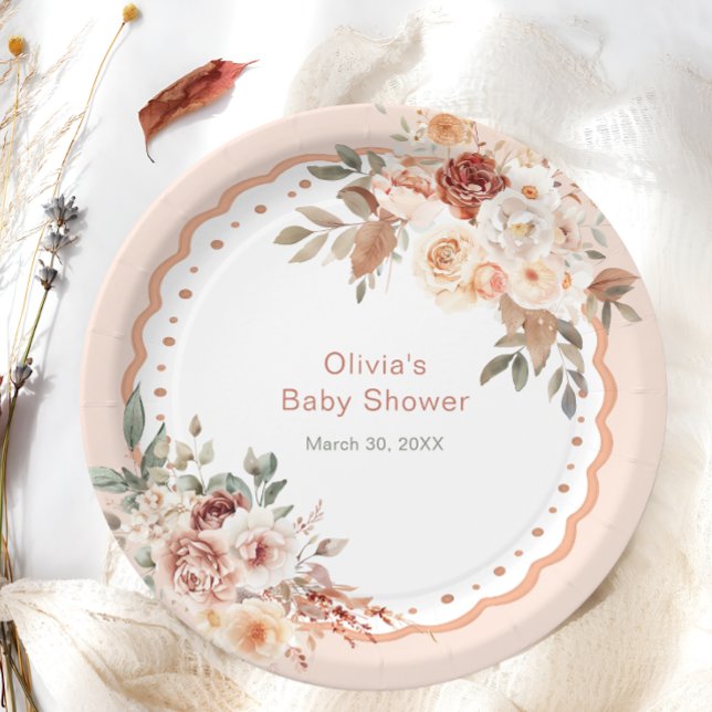Elegant Boho Floral Neutral Baby Shower Paper Plate (Creator Uploaded)