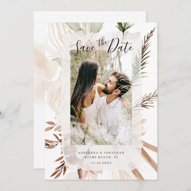 Elegant Boho Floral Pampas Photo Save The Date (Front/Back)