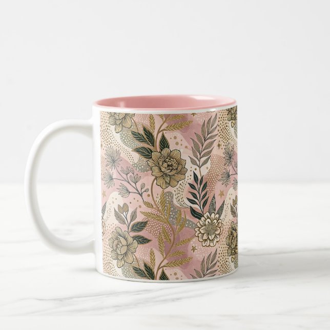 Elegant Boho Floral Pattern Two-Tone Coffee Mug (Left)