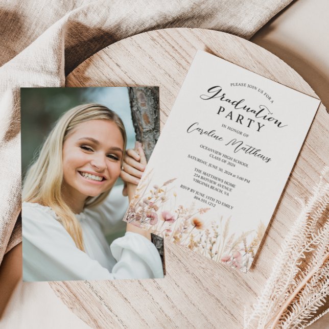 Elegant Boho Floral Photo Graduation  Invitation (Creator Uploaded)