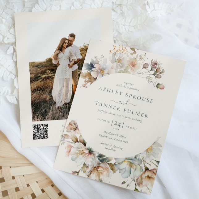 Elegant Boho Floral QR Code Photo Wedding Invitation (Creator Uploaded)