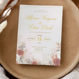 Elegant Boho Floral Rose Pink Modern Wedding Invitation