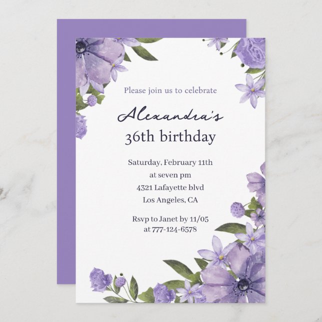 Elegant Boho Floral Watercolor 36th birthday Invitation (Front/Back)