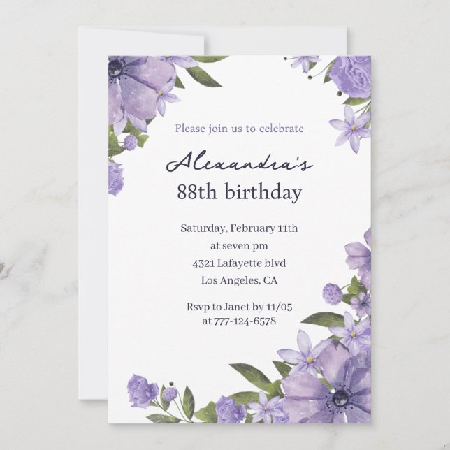 Elegant Boho Floral Watercolor 88th birthday Invitation (Front)