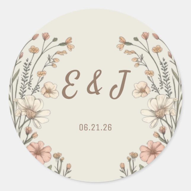 Elegant Boho Floral Wedding Classic Round Sticker (Front)
