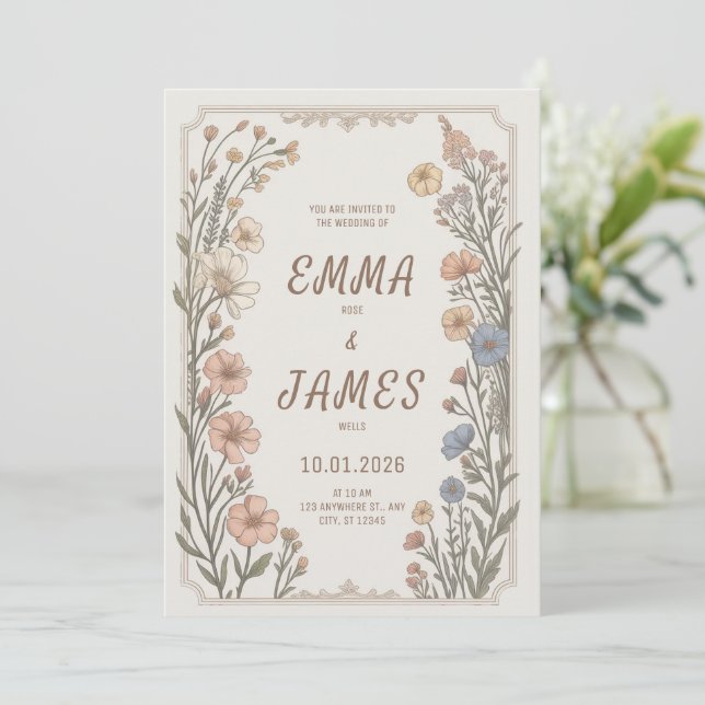 Elegant Boho Floral Wedding Invitation (Standing Front)