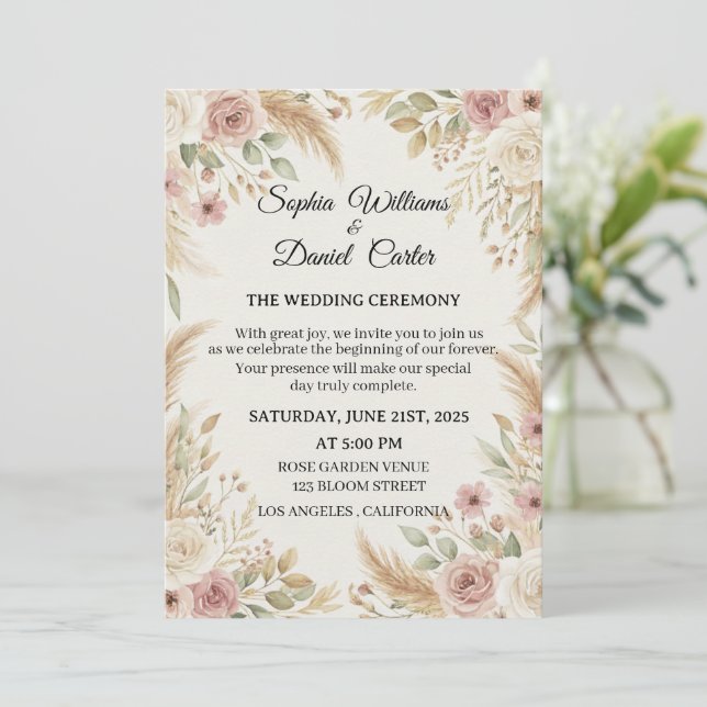 Elegant Boho Floral Wedding Invitation (Standing Front)