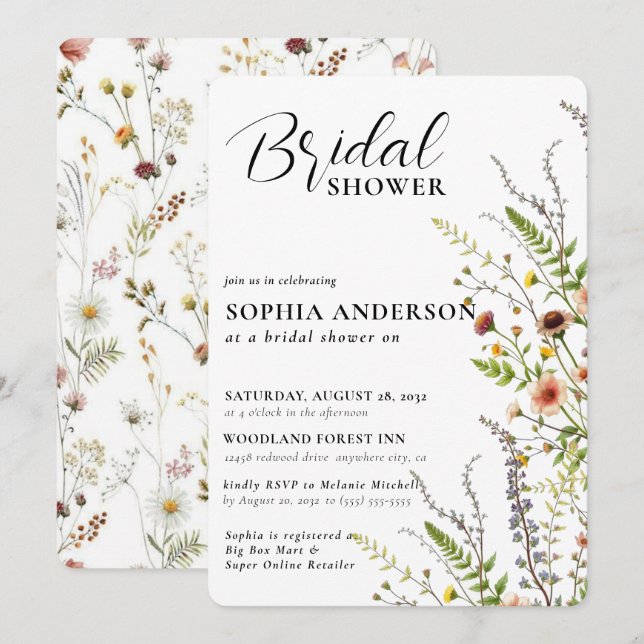 Elegant Boho Floral Wildflower Bridal Shower Invitation (Front/Back)