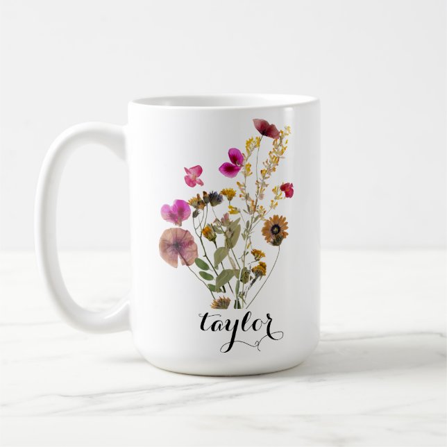 Elegant Boho Floral Wildflower Custom Name  Coffee Mug (Left)