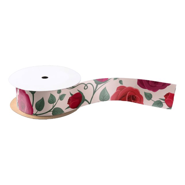 Elegant Boho Floral Wildflower  Red Satin Ribbon (Spool)